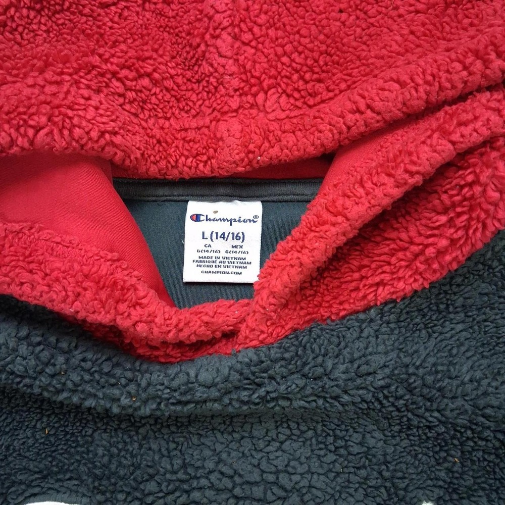 Champion Boys Sherpa Fleece Hoodie Gray Black Red Colorblock Pullover L 14/16 - Picture 3 of 8